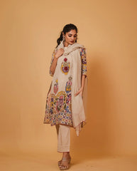 Vibrant Kalamkari Floral Cotton Kurta Set Beige with Multicolor Design & Coordinated Dupatta