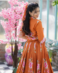 Rust Orange Floral Printed Shirt & Lehenga Set