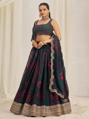 Teal Green Organza Lehenga Choli Set – Elegant Zari & Sequins Embroidery