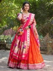 Vibrant Orange Jacquard Silk Zari Weaving Lehenga Choli