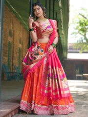 Vibrant Orange Jacquard Silk Zari Weaving Lehenga Choli