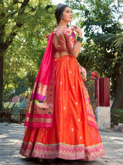 Vibrant Orange Jacquard Silk Zari Weaving Lehenga Choli
