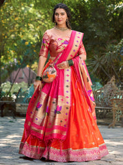 Vibrant Orange Jacquard Silk Zari Weaving Lehenga Choli