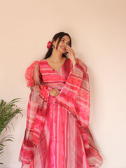 Organza Silk Anarkali Suit with Digital Print & Lace Border