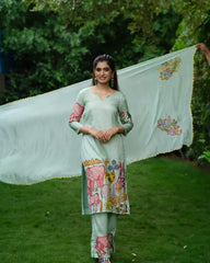Pastel Green Hand-Painted Animal Motif Kurta Set