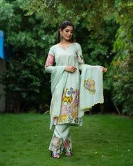 Pastel Green Hand-Painted Animal Motif Kurta Set