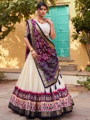 White & Purple Tussar Silk Lehenga Choli – Patola Print & Foil Detailing