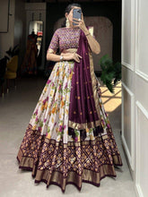 White & Wine Tussar Silk Floral Printed Lehenga Choli