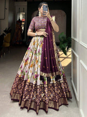 White & Wine Tussar Silk Floral Printed Lehenga Choli