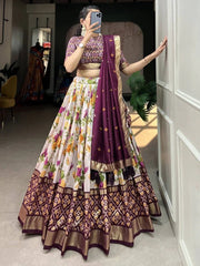 White & Wine Tussar Silk Floral Printed Lehenga Choli