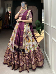 White & Wine Tussar Silk Floral Printed Lehenga Choli