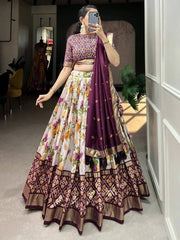 White & Wine Tussar Silk Floral Printed Lehenga Choli