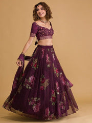 Wine Floral Digital Organza Lehenga Choli with Embroidered Art Silk Choli
