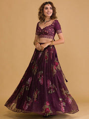 Wine Floral Digital Organza Lehenga Choli with Embroidered Art Silk Choli