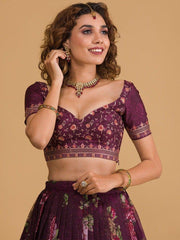Wine Floral Digital Organza Lehenga Choli with Embroidered Art Silk Choli