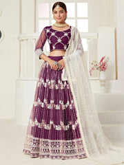 Wine Heavy Net Embroidered Lehenga Choli