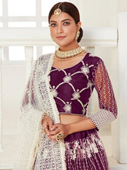 Wine Heavy Net Embroidered Lehenga Choli