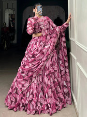 Wine Silk Lehenga Choli with Digital Print & Swarovski