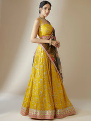 Yellow Georgette Lehenga Choli Set with Black Floral Dupatta – Festive & Haldi Wear