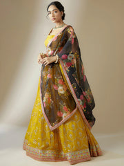 Yellow Georgette Lehenga Choli Set with Black Floral Dupatta – Festive & Haldi Wear