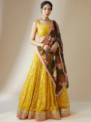 Yellow Georgette Lehenga Choli Set with Black Floral Dupatta – Festive & Haldi Wear