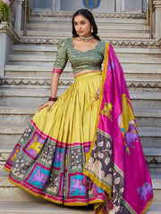 Yellow Tussar Silk Lehenga – Kalamkari Print & Foil Work