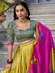 Yellow Tussar Silk Lehenga – Kalamkari Print & Foil Work