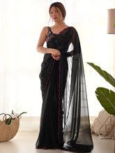 Adorable Black Lace Work Georgette Party Wear Saree With Blouse