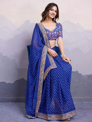 Adorable Blue Bandhani Printed Georgette Traditional Saree With Blouse