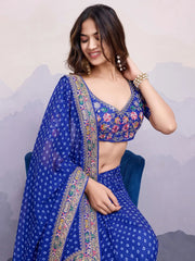 Adorable Blue Bandhani Printed Georgette Traditional Saree With Blouse