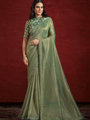 Adorable Green Lace Work Banarasi Silk Designer Saree With Blouse