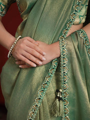 Adorable Green Lace Work Banarasi Silk Designer Saree With Blouse
