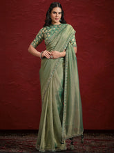 Adorable Green Lace Work Banarasi Silk Designer Saree With Blouse