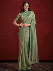 Adorable Green Lace Work Banarasi Silk Designer Saree With Blouse