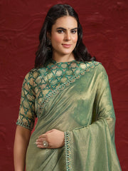Adorable Green Lace Work Banarasi Silk Designer Saree With Blouse