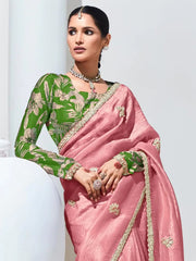 Adorable Peach Thread Work Organza Engagement Wear Saree