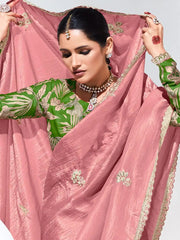 Adorable Peach Thread Work Organza Engagement Wear Saree
