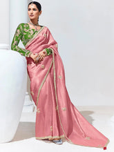 Adorable Peach Thread Work Organza Engagement Wear Saree
