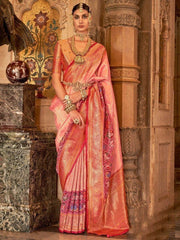 Adorable Peach Zari Weaving Silk Wedding Wear Saree With Blouse