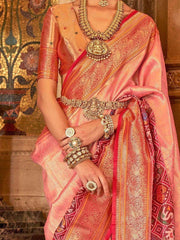 Adorable Peach Zari Weaving Silk Wedding Wear Saree With Blouse