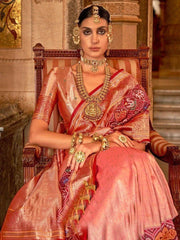 Adorable Peach Zari Weaving Silk Wedding Wear Saree With Blouse