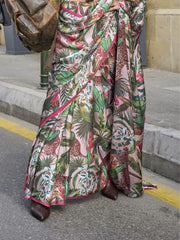 Adorable Pink And Green Digital Printed Satin Saree With Blouse