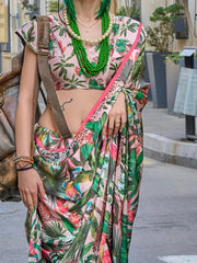 Adorable Pink And Green Digital Printed Satin Saree With Blouse