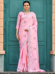 Adorable Pink Embroidered Cotton Festival Wear Saree With Blouse