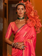 Adorable Pink Zari Weaving Silk Event Wear Saree With Blouse