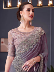 Alluring Dusty Purple Embroidered Chiffon Event Wear Saree With Blouse