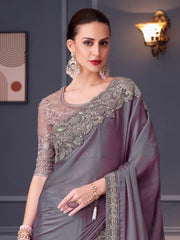 Alluring Dusty Purple Embroidered Chiffon Event Wear Saree With Blouse