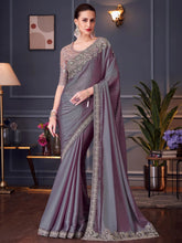 Alluring Dusty Purple Embroidered Chiffon Event Wear Saree With Blouse