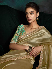 Alluring Golden Tissue Silk Saree With Printed Blouse