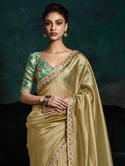 Alluring Golden Tissue Silk Saree With Printed Blouse